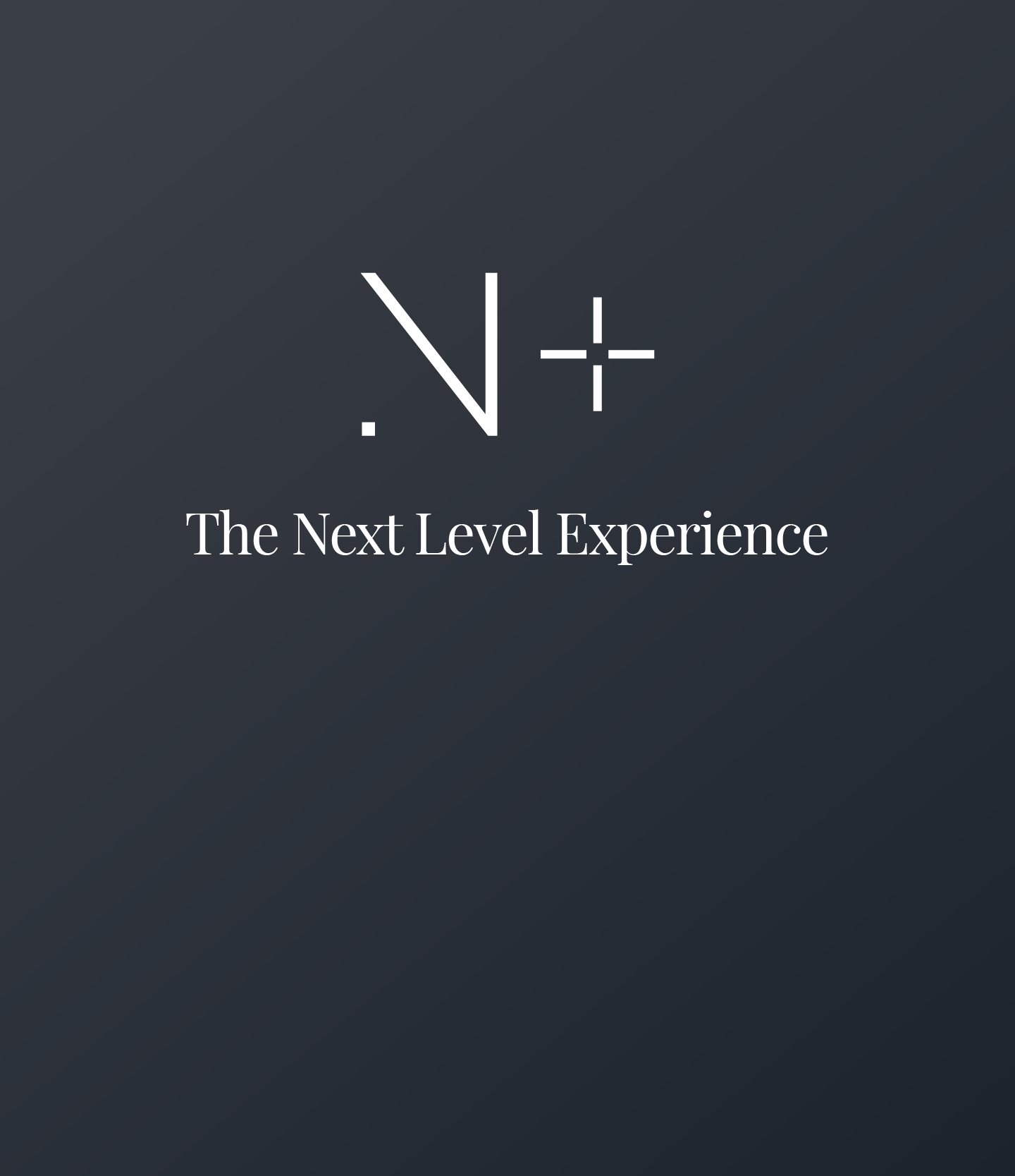 Logo and text 'The Next Level Experience' on a dark background