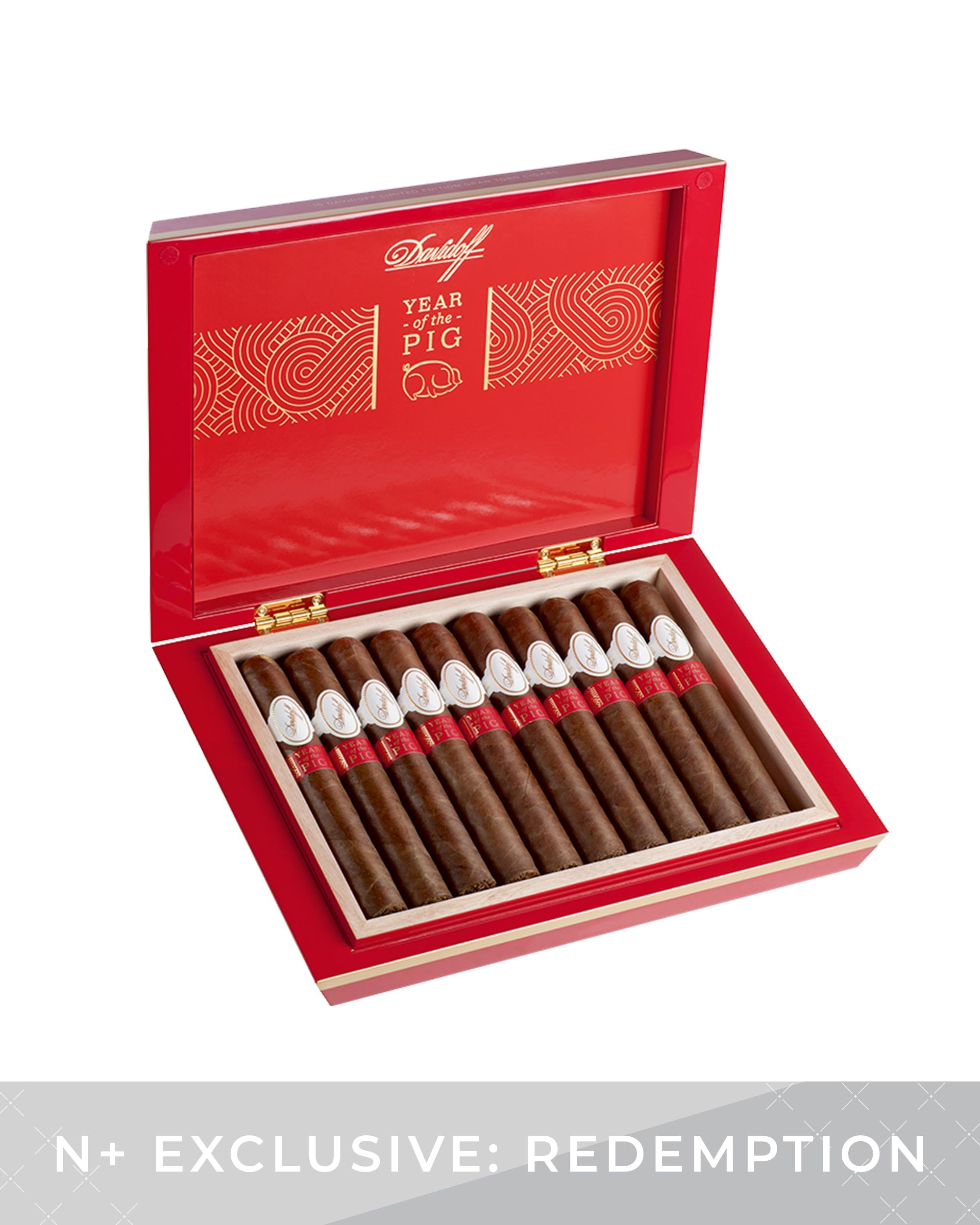 Open red humidor displaying cigars with 'Year of the Pig' design on a white background