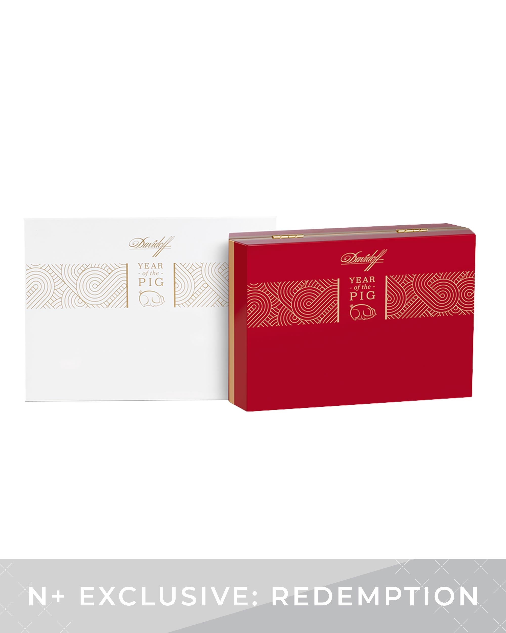 Two boxes, one white and one red, with gold text on a white background.