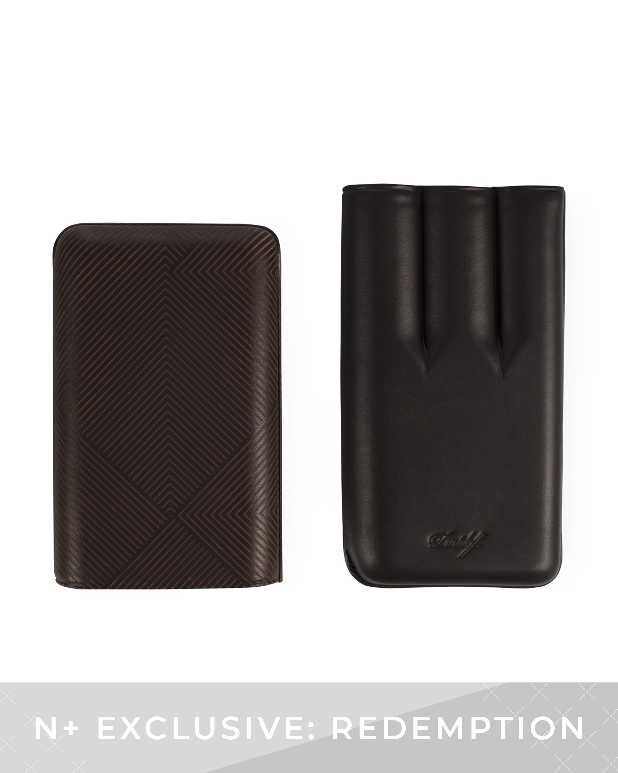 Two black leather cases on a white background with 'N+ Exclusive: Redemption' text.