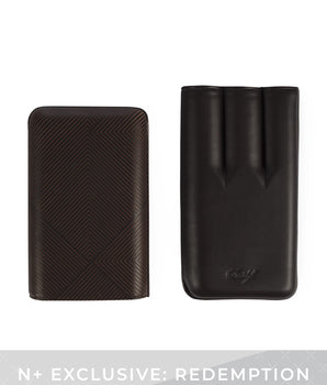 Two black leather cases on a white background with 'N+ Exclusive: Redemption' text.