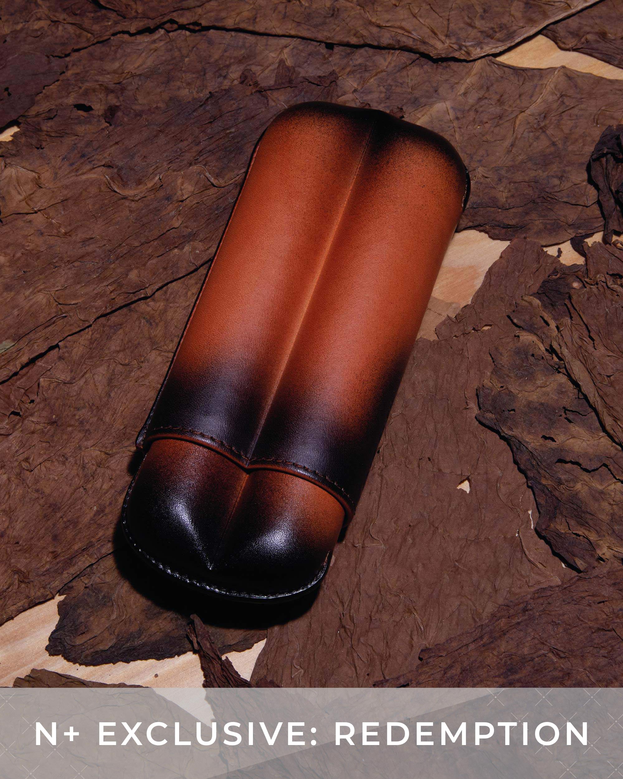 Brown leather case on a textured brown background with 'N+ Exclusive: Redemption' text.
