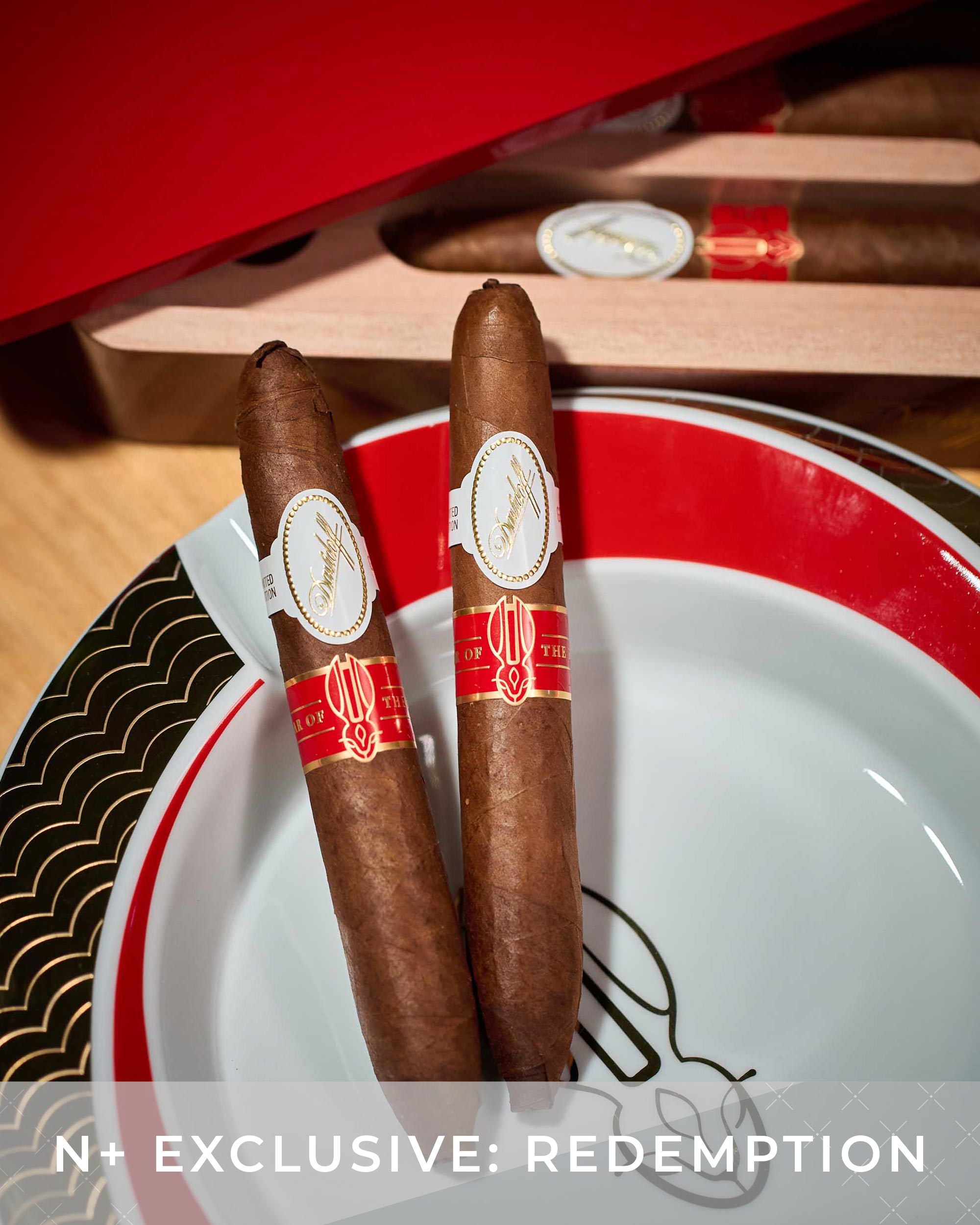 Two cigars with red bands on a white plate with a red rim, placed on a wooden surface.