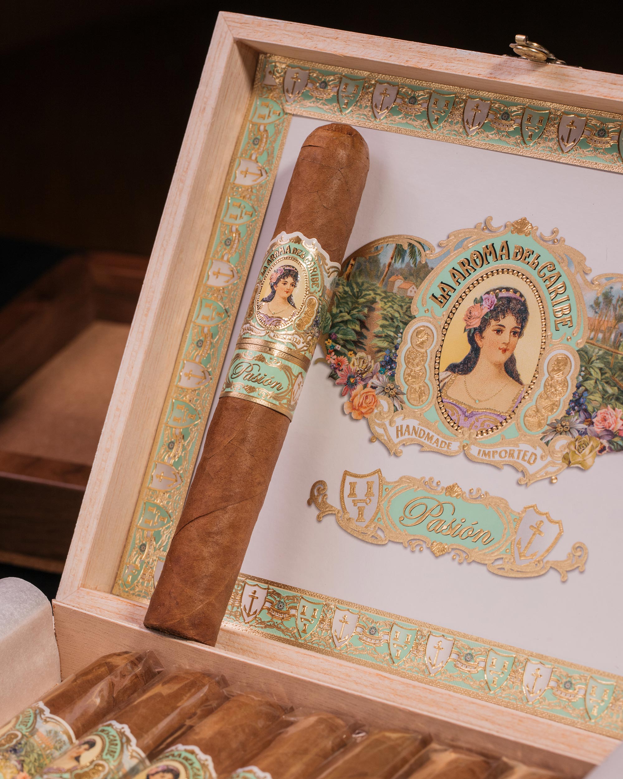 Cigar in a wooden humidor with decorative labels