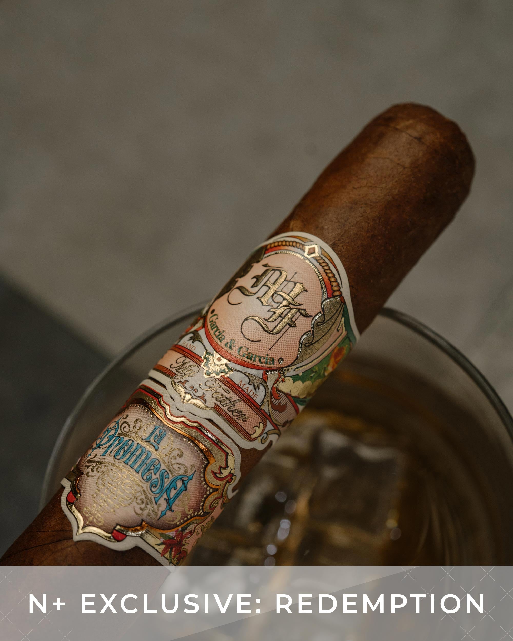 Cigar with a decorative label on a blurred background