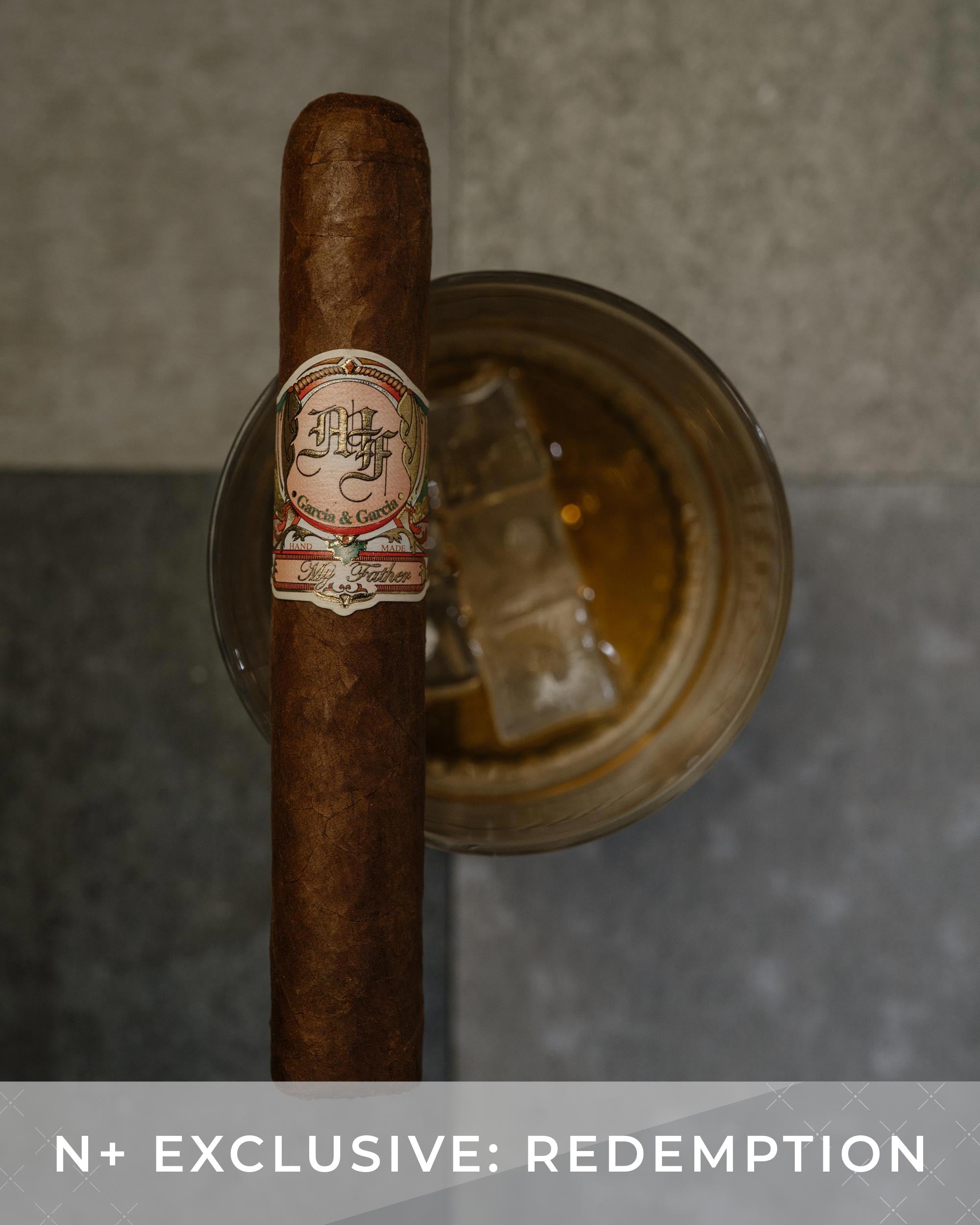 Cigar with a label on a dark background, featuring the text 'N+ Exclusive: Redemption'.