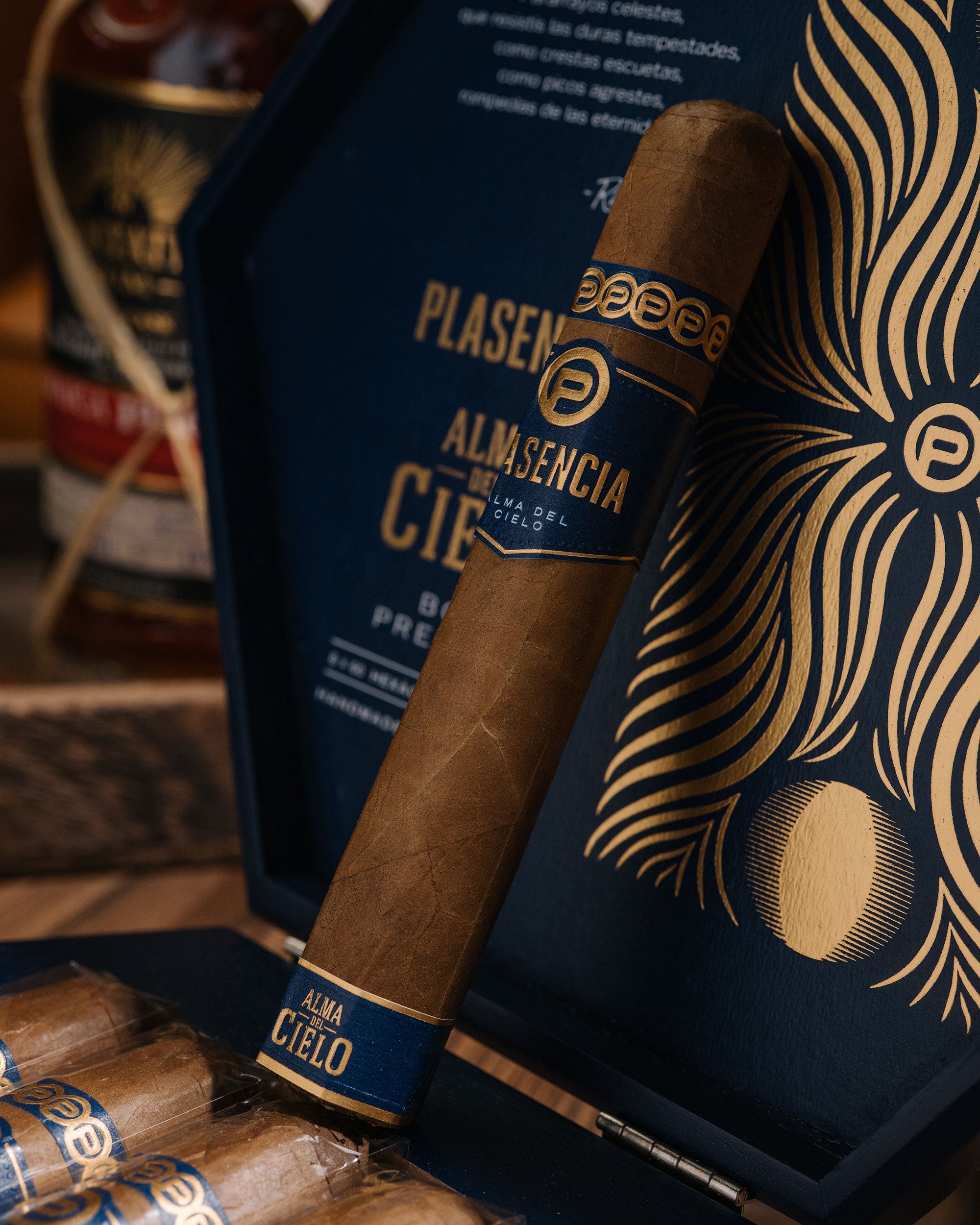 Cigar with 'Plasencia' branding on a decorative box