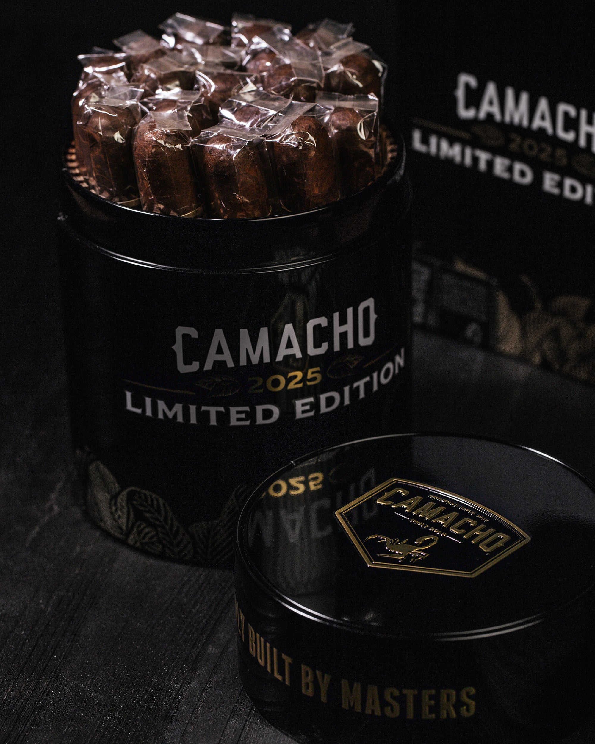Camacho 2025 Limited Edition cigars in a black canister with branding.