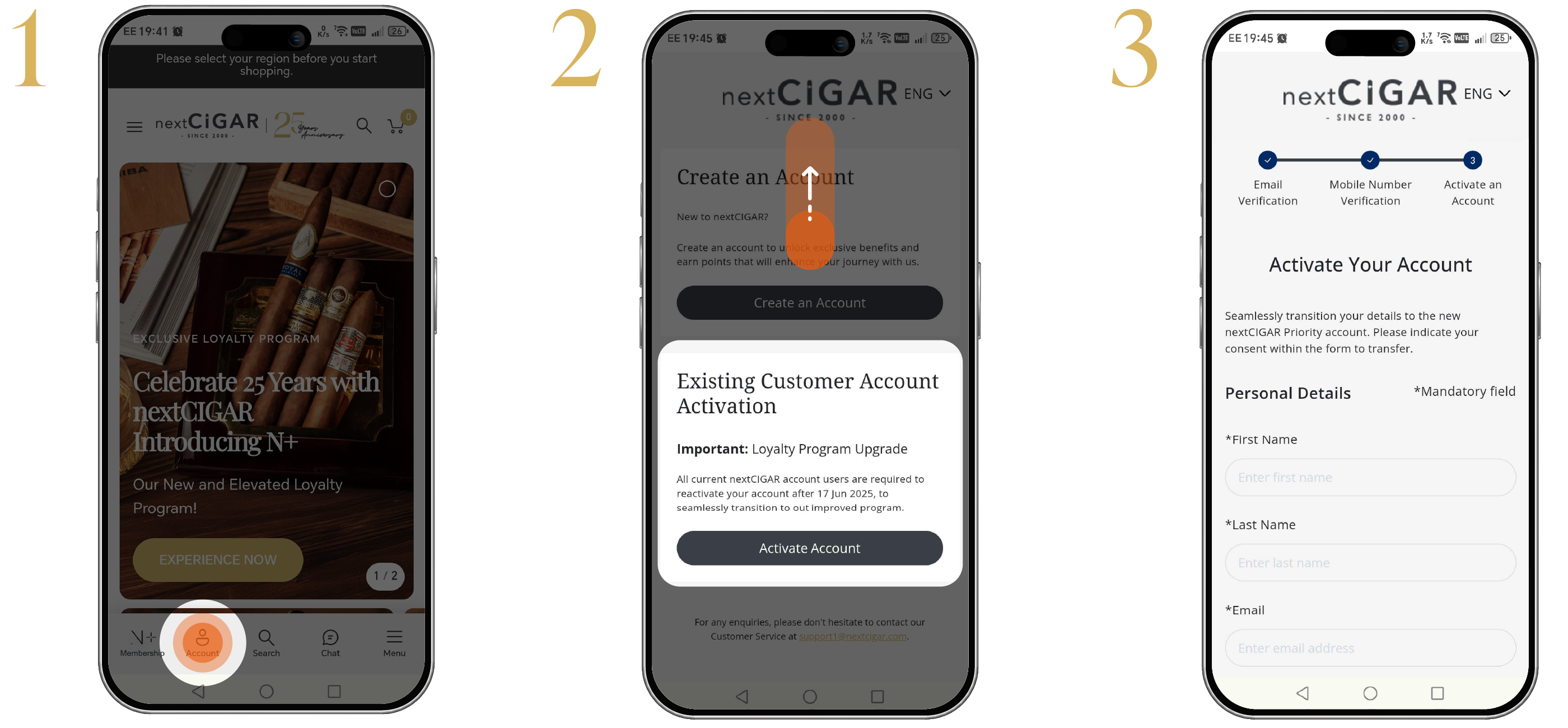 Sequence of three smartphone screens showing the 'nextCIGAR' app onboarding process.