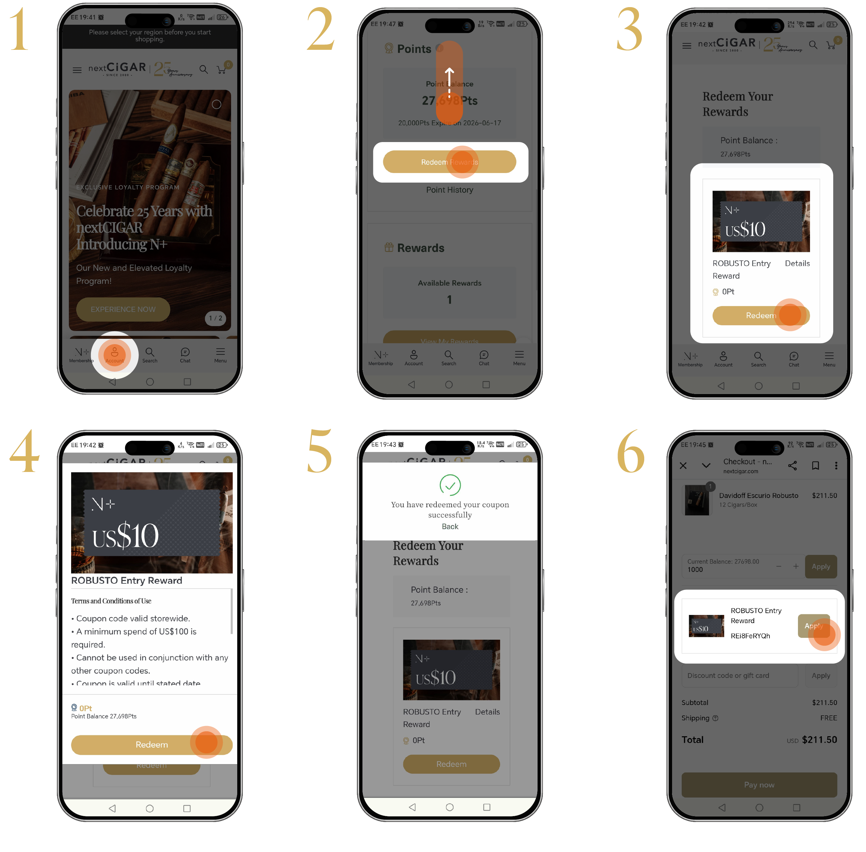 Sequence of smartphone screens showing a rewards system interface with points, redeem options, and balances.