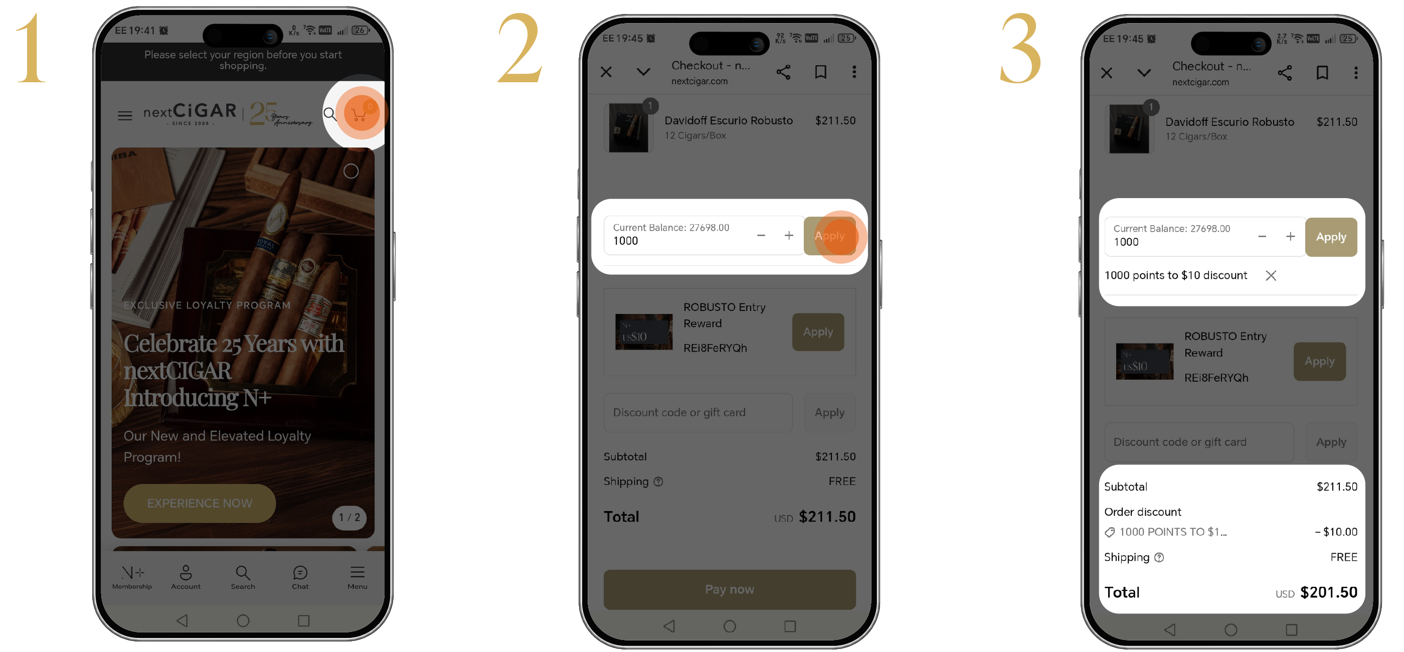 Three smartphone screens showing a shopping app interface with product images and purchase details.