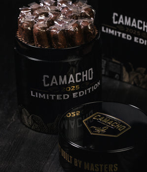 Camacho 2025 Limited Edition cigars in a black canister with branding.