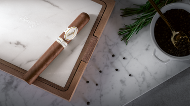 Cigar in a wooden humidor on a marble surface with a plant and container in the background.